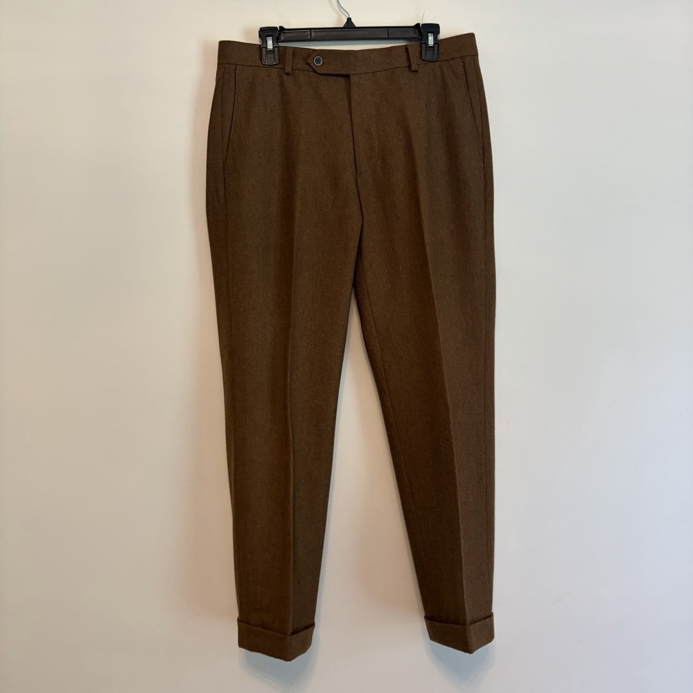 Samuelsohn Soft Super 100's Brown Wool Dress Plants Pleated Cuffed Work Career